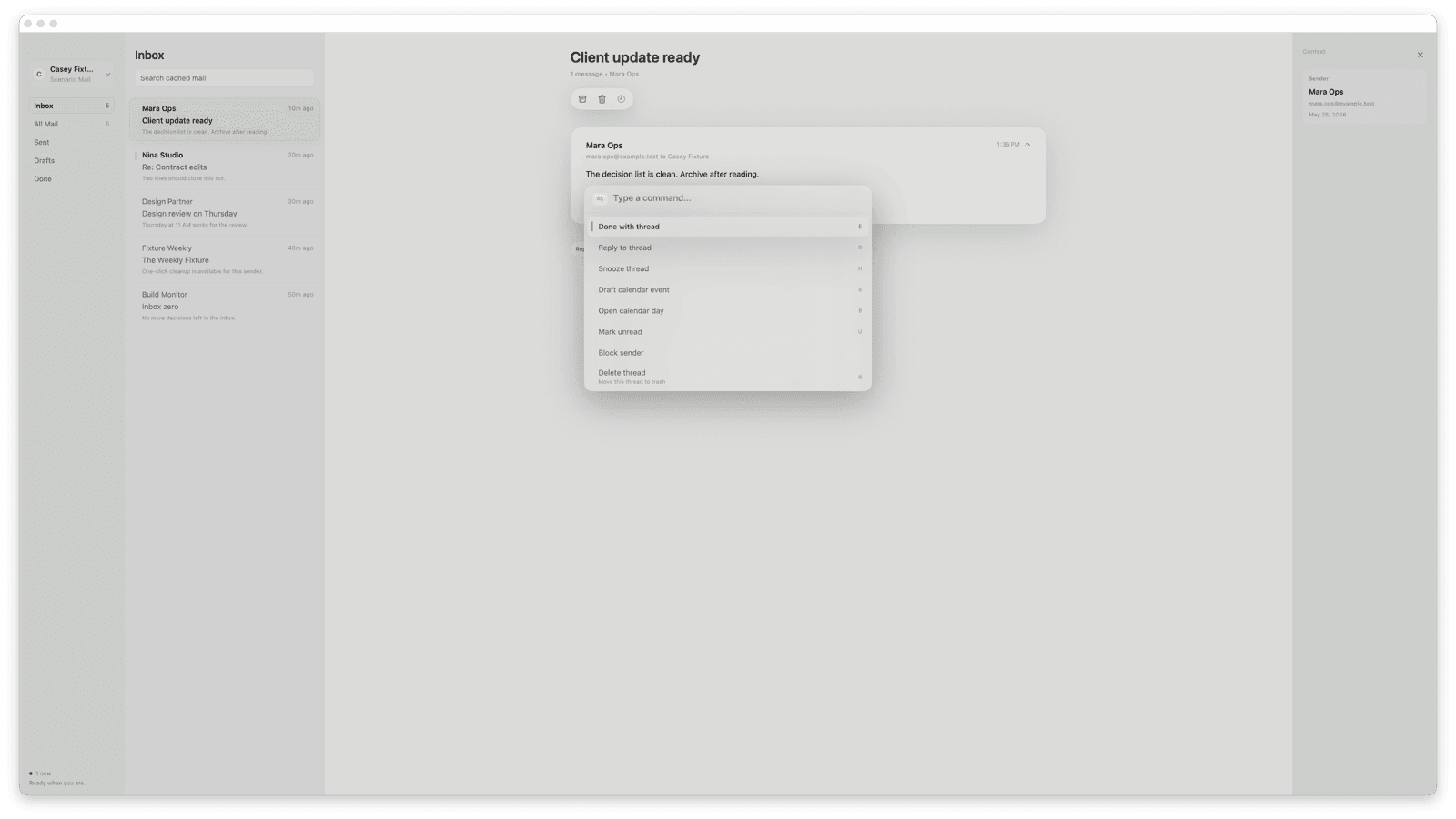 cmd mail command palette open above the inbox