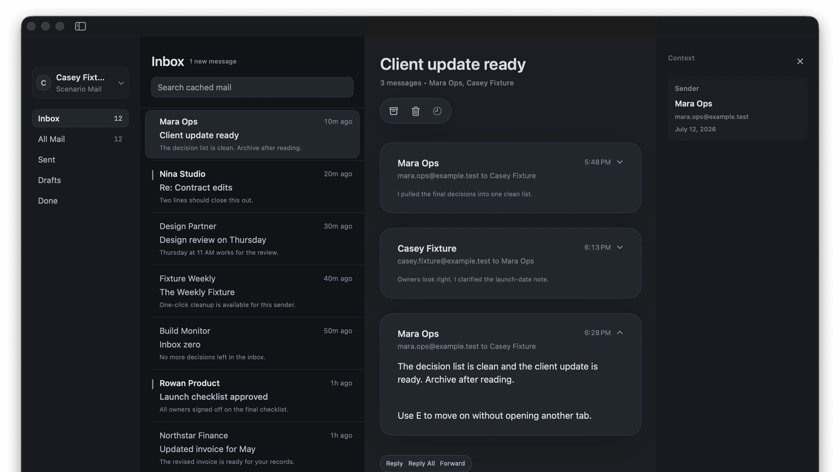 cmd mail focused inbox with a selected message and triage actions
